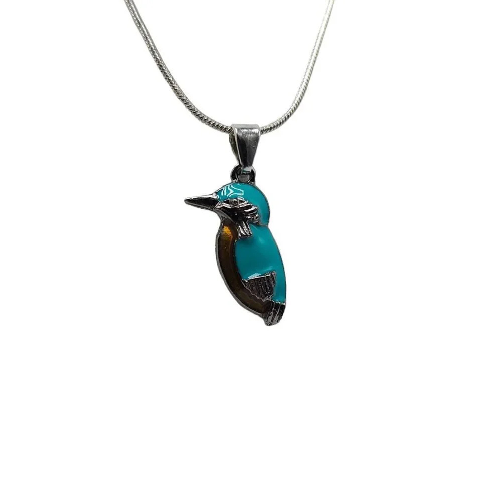 Blue Enamel Amber Kingfisher Bird Pendant Chain Necklace Silver Tone Vintage